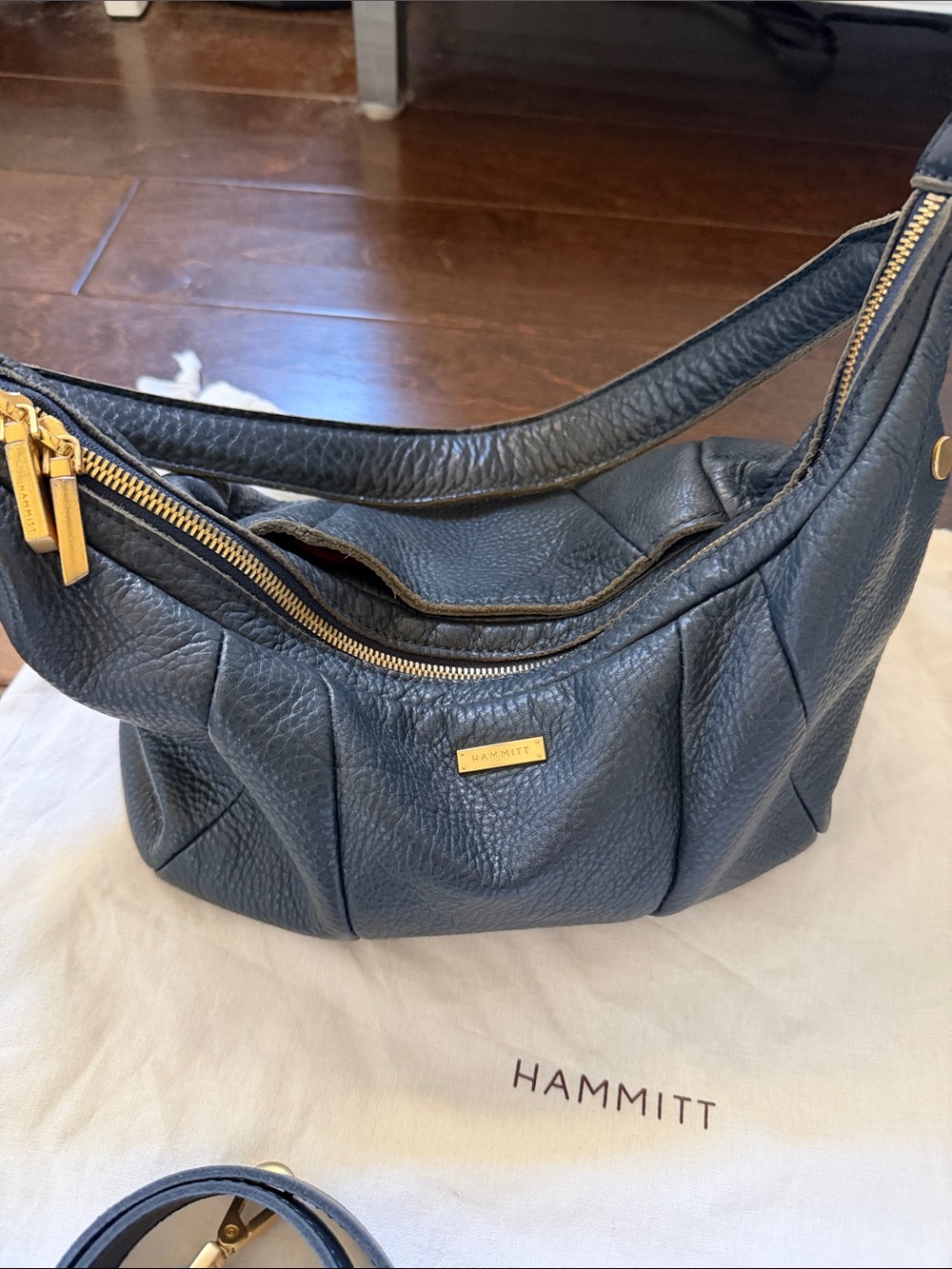 Hammitt Morgan Dark Blue Leather Shoulder/ Crossbody with Gold Hardware - Picture 2 of 11